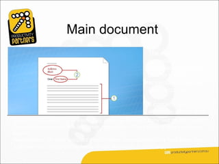 Main document
                                                          The main document is
                                                          your starting point.
                                                          The main document
                                                          can be a letter,
                                                          envelope, e-mail, or
                                                          even a coupon.

                                                          It contains the
                                                          elements shown here.
Content that is identical in each copy, such as the main body text of a form letter.
You only have to type this text once, regardless of how many letters you intend
to print.
Placeholders for each recipient’s information. For example, in a form letter, the
address block and greeting name would be unique in each copy.
 