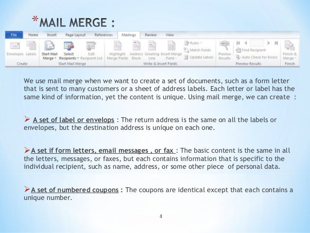 mail merge define and process on mail merge and review tab
