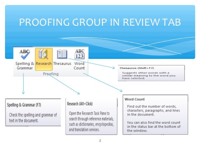 REVIEW TAB : Proofing group and Comments group