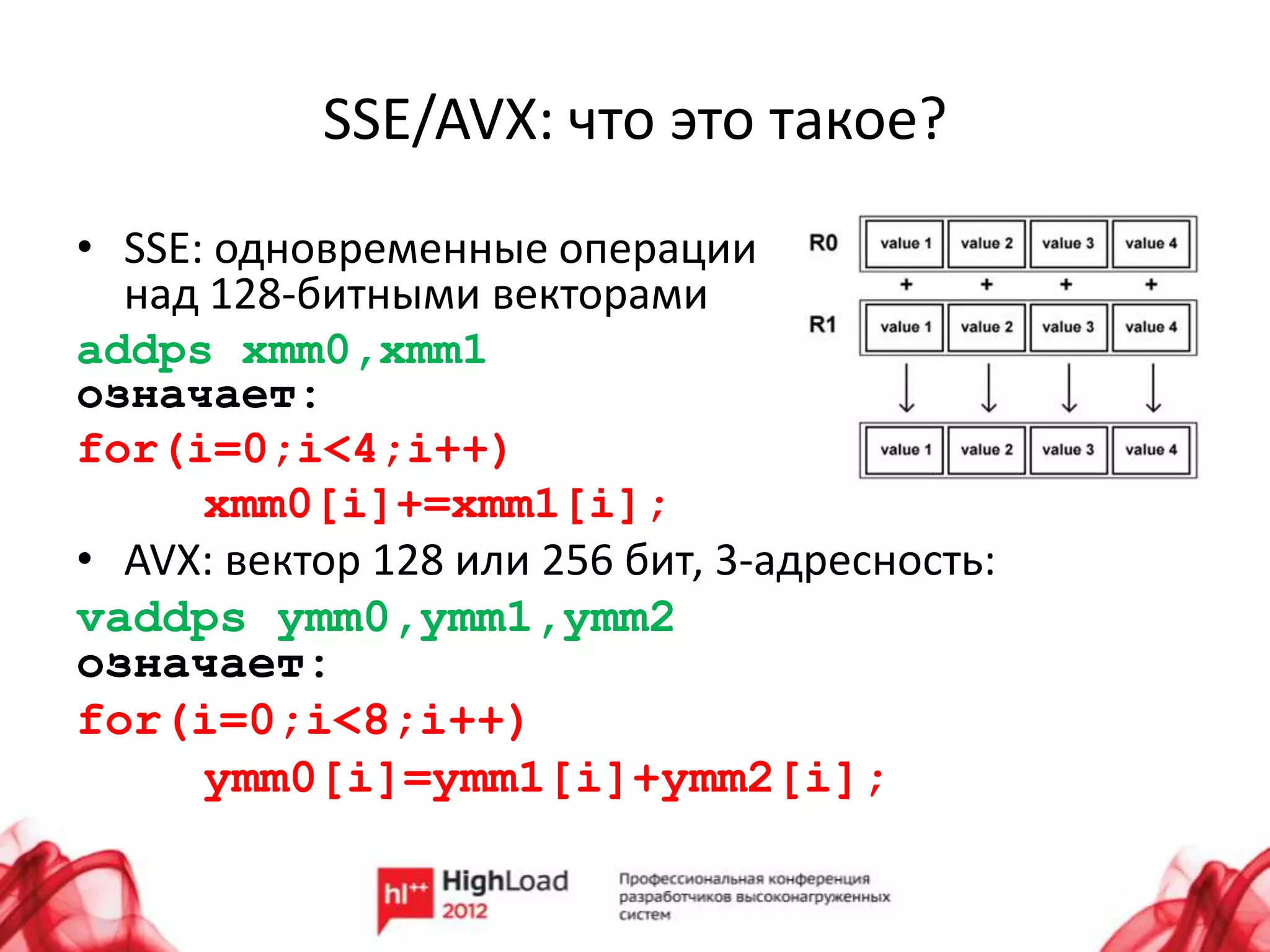 SSE/AVX: что это такое?
• SSE: одновременные операции
  над 128-битными векторами
addps xmm0,xmm1
означает:
for(i=0;i<4;i++)
      xmm0[i]+=xmm1[i];
• AVX: вектор 128 или 256 бит, 3-адресность:
vaddps ymm0,ymm1,ymm2
означает:
for(i=0;i<8;i++)
      ymm0[i]=ymm1[i]+ymm2[i];
 