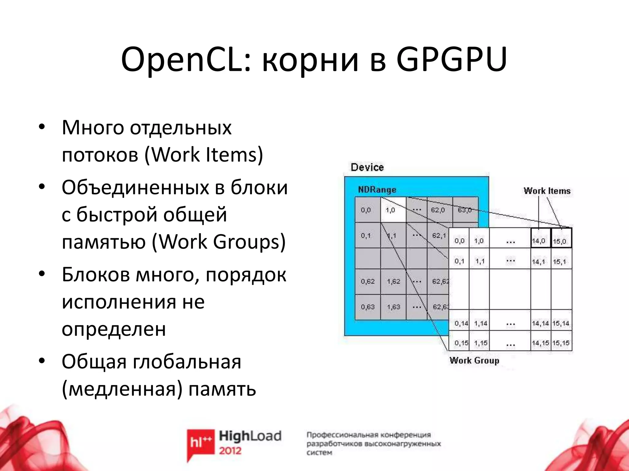 OpenCL: корни в GPGPU
• Много отдельных
  потоков (Work Items)
• Объединенных в блоки
  с быстрой общей
  памятью (Work Groups)
• Блоков много, порядок
  исполнения не
  определен
• Общая глобальная
  (медленная) память
 
