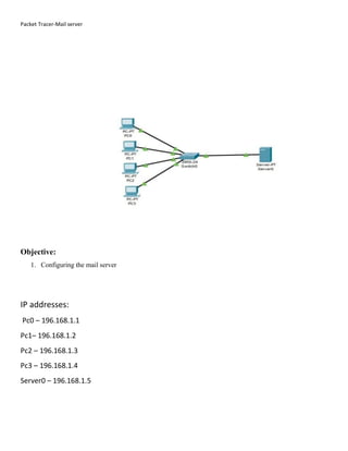 Packet Tracer-Mail server
Objective:
1. Configuring the mail server
IP addresses:
Pc0 – 196.168.1.1
Pc1– 196.168.1.2
Pc2 – 196.168.1.3
Pc3 – 196.168.1.4
Server0 – 196.168.1.5
 