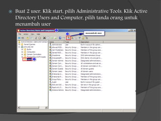  Buat 2 user. Klik start, pilih Administrative Tools. Klik Active
Directory Users and Computer, pilih tanda orang untuk
menambah user
 