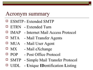 Acronym summary
 ESMTP- Extended SMTP
 ETRN - Extended Turn
 IMAP - Internet Mail Access Protocol
 MTA - Mail Transfer Agents
 MUA - Mail User Agent
 MX - Mail eXchange
 POP - Post Office Protocol
 SMTP - Simple Mail Transfer Protocol
 UIDL - Unique IDentification Listing
 