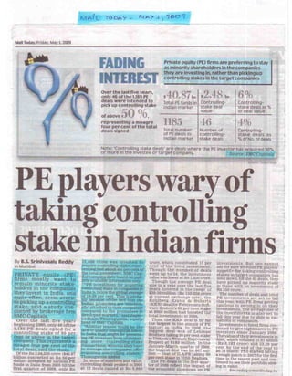 Mail Today May 1, 2009_PE players wary of taking controlling stake in Indian Firms