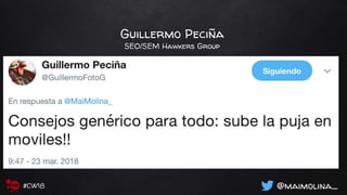 Guillermo Peciña
SEO/SEM Hawkers Group
@maimolina_#CW18
 