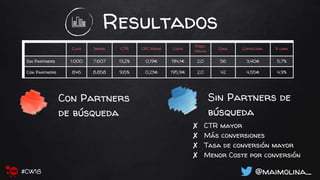 Resultados
Clics Imprs. CTR CPC Medio Coste
Posic.
Media
Conv. Coste/conv. % conv.
Sin Partners 1.000 7.607 13,2% 0,19€ 194,1€ 2,0 56 3,40€ 5,7%
Con Partners 846 8.858 9,6% 0,23€ 195,9€ 2,0 42 4,55€ 4,9%
✘ CTR mayor
✘ Más conversiones
✘ Tasa de conversión mayor
✘ Menor Coste por conversión
Con Partners
de búsqueda
Sin Partners de
búsqueda
@maimolina_#CW18
 