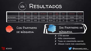 Resultados
Clics Imprs. CTR CPC Medio Coste
Posic.
Media
Conv. Coste/conv. % conv.
Sin Partners 1.000 7.607 13,2% 0,19€ 194,1€ 2,0 56 3,40€ 5,7%
Con Partners 846 8.858 9,6% 0,23€ 195,9€ 2,0 42 4,55€ 4,9%
✘ CTR mayor
✘ Más conversiones
✘ Tasa de conversión mayor
✘ Menor Coste por conversión
Con Partners
de búsqueda
Sin Partners de
búsqueda
@maimolina_#CW18
 