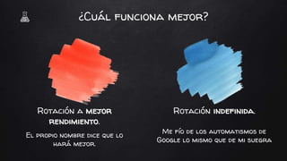 Rotación a mejor
rendimiento.
El propio nombre dice que lo
hará mejor.
Rotación indefinida.
Me fío de los automatismos de
Google lo mismo que de mi suegra
¿Cuál funciona mejor?
 