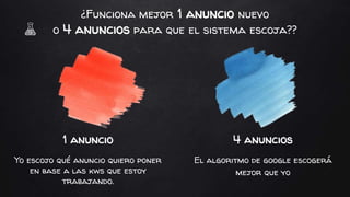 4 anuncios
El algoritmo de google escogerá
mejor que yo
1 anuncio
Yo escojo qué anuncio quiero poner
en base a las kws que estoy
trabajando.
¿Funciona mejor 1 anuncio nuevo
o 4 anuncios para que el sistema escoja??
 
