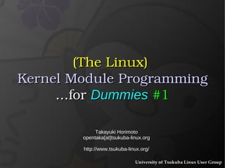 (The Linux)   Kernel Module Programming ...for  Dummies   #1 Takayuki Horimoto opentaka[at]tsukuba-linux.org http://www.tsukuba-linux.org/ 