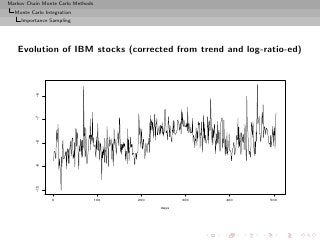 Markov Chain Monte Carlo Methods
  Monte Carlo Integration
     Importance Sampling




   Evolution of IBM stocks (corrected from trend and log-ratio-ed)
          −6
          −7
          −8
          −9
          −10




                 0                 100   200          300   400   500

                                               days
 