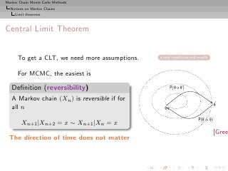 Markov Chain Monte Carlo Methods
  Notions on Markov Chains
     Limit theorems



Central Limit Theorem


      To get a CLT, we need more assumptions.   skip conditions and results



      For MCMC, the easiest is

   Deﬁnition (reversibility)                        P( θ-> θ ’)

   A Markov chain (Xn ) is reversible if for
                                                                                  θ’
   all n                                        θ

                                                                     P(θ’-> θ )
        Xn+1 |Xn+2 = x ∼ Xn+1 |Xn = x
                                                                                  [Gree
  The direction of time does not matter
 