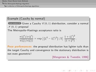 Markov Chain Monte Carlo Methods
  The Metropolis-Hastings Algorithm
     A collection of Metropolis-Hastings algorithms




      Example (Cauchy by normal)
                  Given a Cauchy C (0, 1) distribution, consider a normal
          go random W

      N (0, 1) proposal
      The Metropolis–Hastings acceptance ratio is

                       π(ξ ′ )/ν(ξ ′ )                                   1 + (ξ ′ )2
                                       = exp          ξ 2 − (ξ ′ )2 /2               .
                       π(ξ)/ν(ξ))                                        (1 + ξ 2 )

      Poor perfomances: the proposal distribution has lighter tails than
      the target Cauchy and convergence to the stationary distribution is
      not even geometric!
                                         [Mengersen & Tweedie, 1996]
 