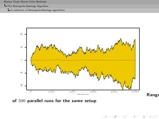 Markov Chain Monte Carlo Methods
  The Metropolis-Hastings Algorithm
     A collection of Metropolis-Hastings algorithms



             100
             50
             0
             −50
             −100




                     0               2000             4000                6000   8000   10000

                                                             iterations
                                                                                                Range
      of 500 parallel runs for the same setup
 