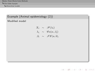 Markov Chain Monte Carlo Methods
  The Gibbs Sampler
     Hierarchical models




      Example (Animal epidemiology (2))
      Modiﬁed model

                                   Xi ∼ P(λi )
                                   λi ∼ G a(α, βi )
                                   βi ∼ I G (a, b),
 
