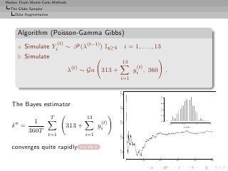 Markov Chain Monte Carlo Methods
  The Gibbs Sampler
     Data Augmentation




      Algorithm (Poisson-Gamma Gibbs)
                               (t)
      a Simulate Yi                  ∼ P(λ(t−1) ) Iy≥4             i = 1, . . . , 13
      b Simulate
                                                                   13
                                                                         (t)
                                     λ(t) ∼ Ga 313 +                    yi , 360         .
                                                            i=1




                                                           1.025




                                                                                    40
   The Bayes estimator




                                                                                    30
                                                           1.024




                                                                                    20
                                                                                    10
                         T                   13
              1                                      (t)
                                                           1.023




                                                                                    0
   δπ =                              313 +          yi                                       0.9         1.0
                                                                                                           lambda
                                                                                                                      1.1   1.2


            360T
                         t=1                 i=1
                                                           1.022




   converges quite rapidly                to R& B
                                                           1.021




                                                                    0      100     200             300              400      500
 
