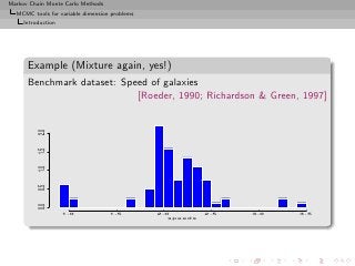 Markov Chain Monte Carlo Methods
  MCMC tools for variable dimension problems
     Introduction




      Example (Mixture again, yes!)
      Benchmark dataset: Speed of galaxies
                            [Roeder, 1990; Richardson & Green, 1997]
          2.0
          1.5
          1.0
          0.5
          0.0




                    1.0            1.5         2.0         2.5   3.0   3.5
                                                  speeds
 