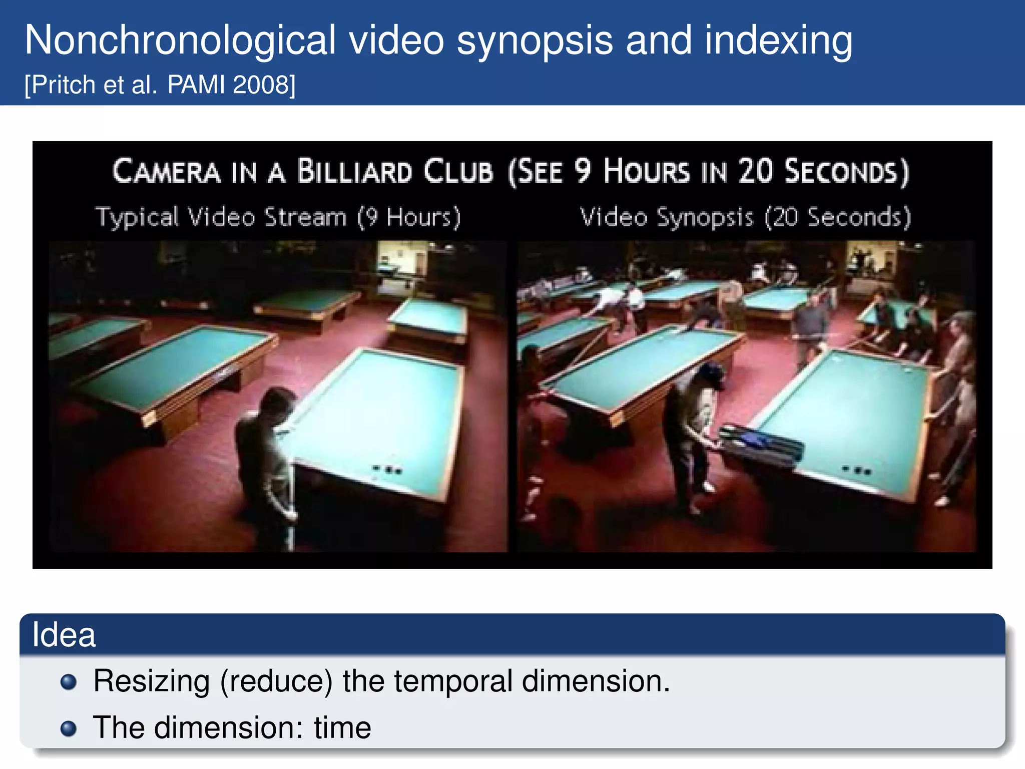 Nonchronological video synopsis and indexing
[Pritch et al. PAMI 2008]




Idea
      Resizing (reduce) the temporal dimension.
      The dimension: time
 