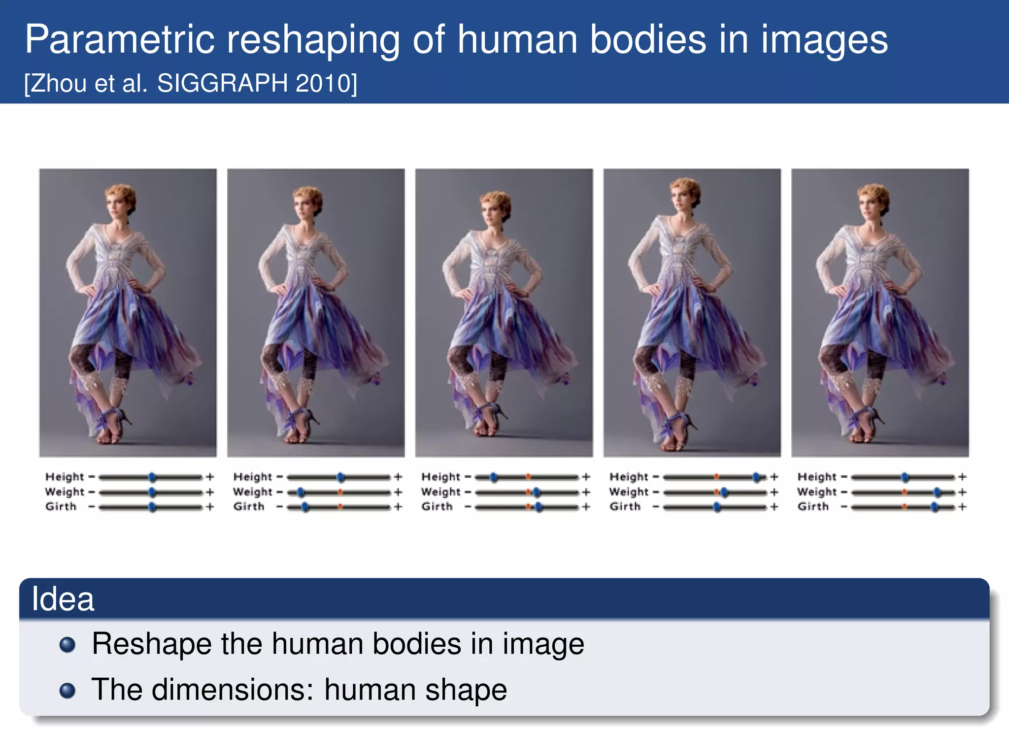 Parametric reshaping of human bodies in images
[Zhou et al. SIGGRAPH 2010]




Idea
     Reshape the human bodies in image
     The dimensions: human shape
 