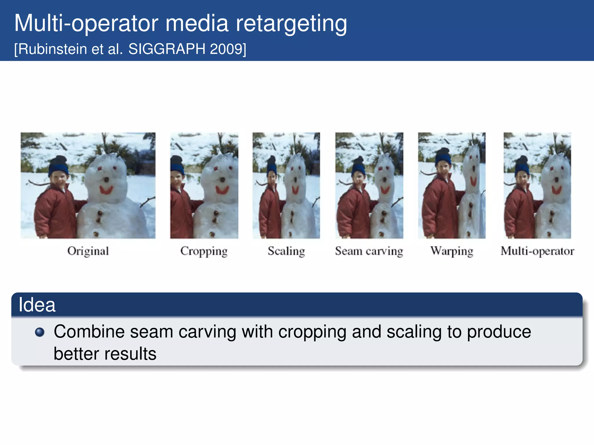 Multi-operator media retargeting
[Rubinstein et al. SIGGRAPH 2009]




Idea
     Combine seam carving with cropping and scaling to produce
     better results
 