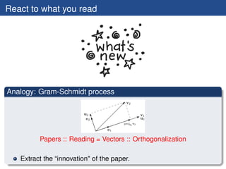 React to what you read




Analogy: Gram-Schmidt process




         Papers :: Reading = Vectors :: Orthogonalization

   Extract the “innovation" of the paper.
 