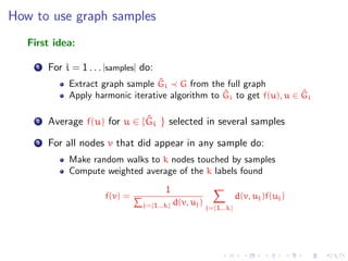 How to use graph samples
   First idea:

     1   For i = 1 . . . |samples| do:
                                    ˆ
              Extract graph sample Gi G from the full graph
                                                    ˆ                   ˆ
              Apply harmonic iterative algorithm to Gi to get f(u), u ∈ Gi

     2                         ˆ
         Average f(u) for u ∈ {Gi } selected in several samples
     3   For all nodes v that did appear in any sample do:
              Make random walks to k nodes touched by samples
              Compute weighted average of the k labels found
                                          1
                        f(v) =                                         d(v, uj )f(uj )
                                   j={1...k}   d(v, uj )
                                                           j={1...k}
 