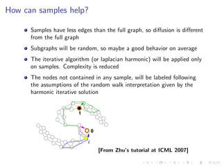 How can samples help?

      Samples have less edges than the full graph, so diﬀusion is diﬀerent
      from the full graph
      Subgraphs will be random, so maybe a good behavior on average
      The iterative algorithm (or laplacian harmonic) will be applied only
      on samples. Complexity is reduced
      The nodes not contained in any sample, will be labeled following
      the assumptions of the random walk interpretation given by the
      harmonic iterative solution




                                [From Zhu’s tutorial at ICML 2007]
 