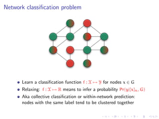 Network classiﬁcation problem




      Learn a classiﬁcation function f : X → Y for nodes x ∈ G
      Relaxing: f : X → R means to infer a probability Pr(y|{x}n , G)
      Aka collective classiﬁcation or within-network prediction:
      nodes with the same label tend to be clustered together
 