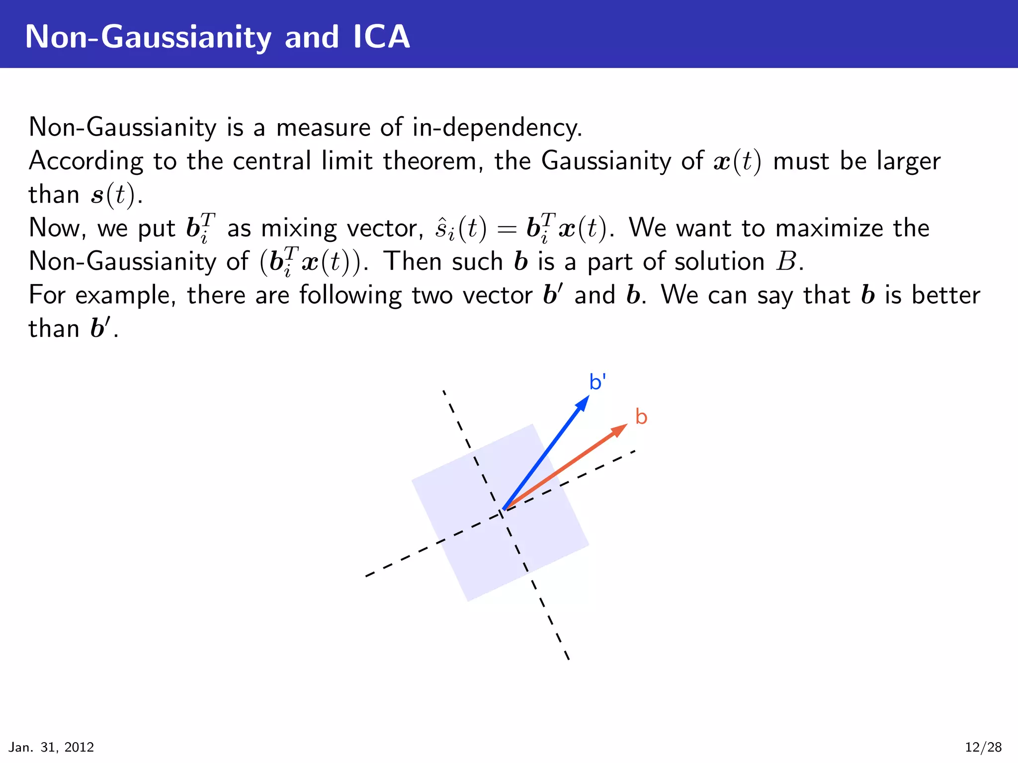 Non-Gaussianity and ICA

   Non-Gaussianity is a measure of in-dependency.
   According to the central limit theorem, the Gaussianity of x(t) must be larger
   than s(t).
   Now, we put bT as mixing vector, si (t) = bT x(t). We want to maximize the
                 i                    ˆ        i
   Non-Gaussianity of (bT x(t)). Then such b is a part of solution B.
                         i
   For example, there are following two vector b and b. We can say that b is better
   than b .




Jan. 31, 2012                                                                    12/28
 