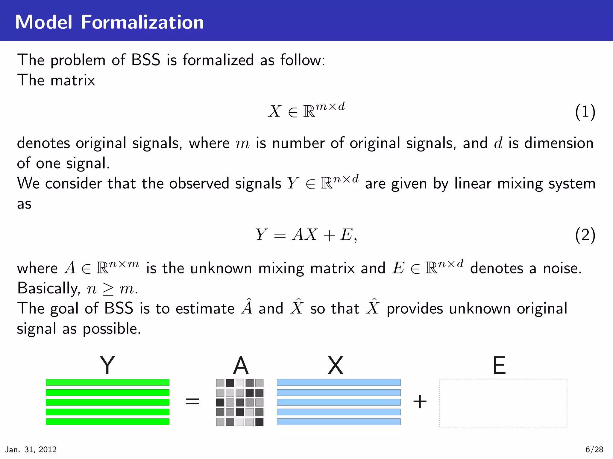 Model Formalization
   The problem of BSS is formalized as follow:
   The matrix
                                      X ∈ Rm×d                                    (1)
   denotes original signals, where m is number of original signals, and d is dimension
   of one signal.
   We consider that the observed signals Y ∈ Rn×d are given by linear mixing system
   as
                                     Y = AX + E,                                  (2)
   where A ∈ Rn×m is the unknown mixing matrix and E ∈ Rn×d denotes a noise.
   Basically, n ≥ m.
                                  ˆ     ˆ         ˆ
   The goal of BSS is to estimate A and X so that X provides unknown original
   signal as possible.




Jan. 31, 2012                                                                       6/28
 