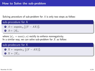 How to Solve the sub-problem
Solving procedure of sub-problem for A is only two steps as follow:
.
sub-procedure for A
..
.
. ..
.
.
...1 A ← argminA
1
2 ||Y − AX||2
F
...2 A ← [A]+
where [a]+ = max(ε, a) rectify to enforce nonnegativity.
In a similar way, we can solve sub-problem for X as follow:
.
sub-prodecure for X
..
.
. ..
.
.
...1 X ← argminX
1
2 ||Y − AX||2
F
...2 X ← [X]+
November 29, 2011 12/26
 