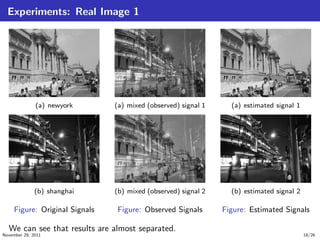 Experiments: Real Image 1
(a) newyork
(b) shanghai
Figure: Original Signals
(a) mixed (observed) signal 1
(b) mixed (observed) signal 2
Figure: Observed Signals
(a) estimated signal 1
(b) estimated signal 2
Figure: Estimated Signals
We can see that results are almost separated.
November 29, 2011 18/26
 