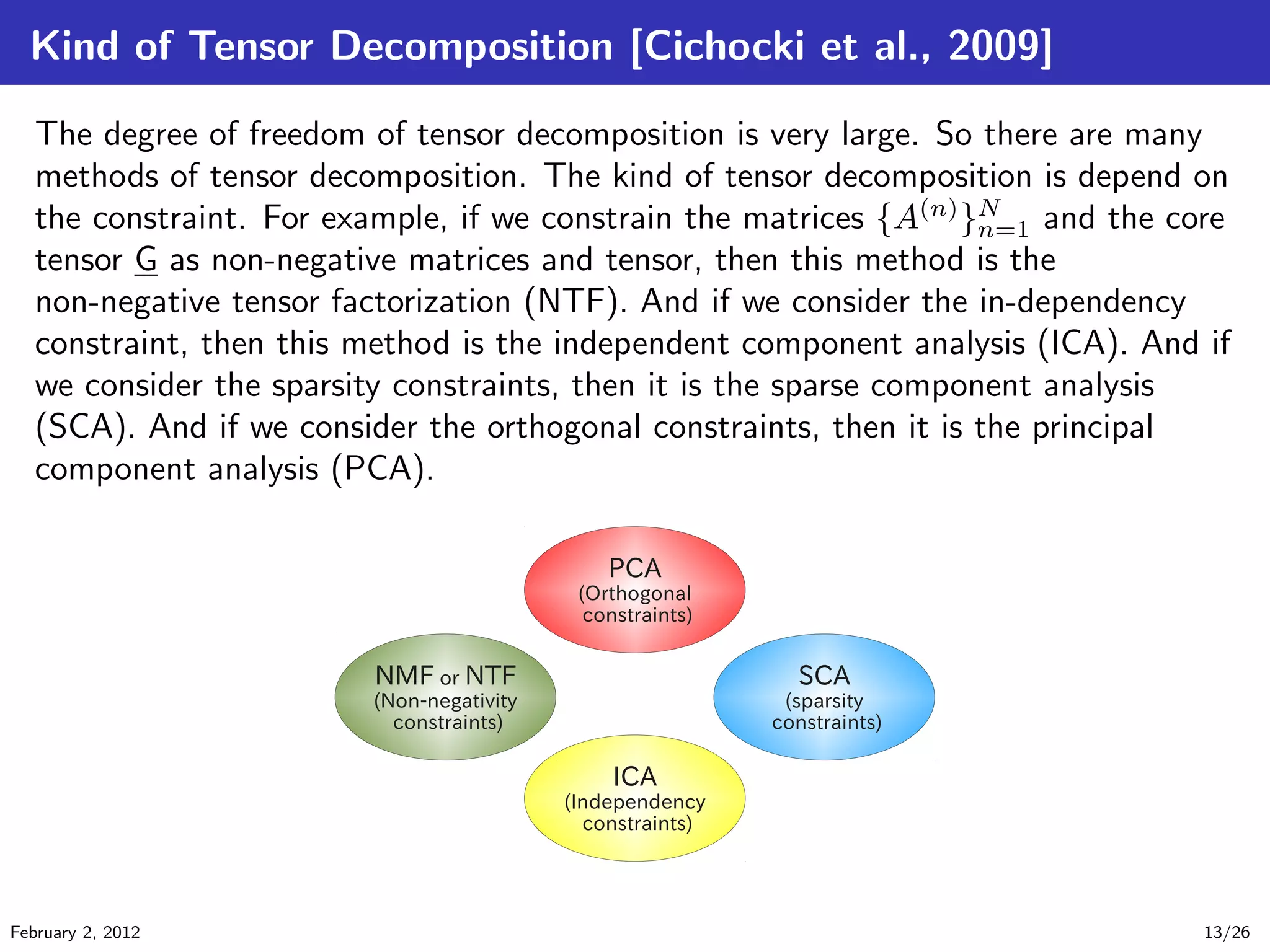Kind of Tensor Decomposition [Cichocki et al., 2009]
The degree of freedom of tensor decomposition is very large. So there are many
methods of tensor decomposition. The kind of tensor decomposition is depend on
the constraint. For example, if we constrain the matrices {A(n)
}N
n=1 and the core
tensor G as non-negative matrices and tensor, then this method is the
non-negative tensor factorization (NTF). And if we consider the in-dependency
constraint, then this method is the independent component analysis (ICA). And if
we consider the sparsity constraints, then it is the sparse component analysis
(SCA). And if we consider the orthogonal constraints, then it is the principal
component analysis (PCA).
February 2, 2012 13/26
 