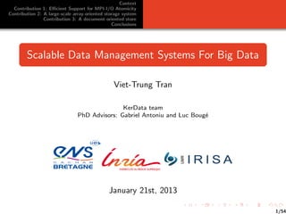 Context
  Contribution 1: Eﬃcient Support for MPI-I/O Atomicity
Contribution 2: A large-scale array-oriented storage system
                Contribution 3: A document-oriented store
                                                Conclusions




        Scalable Data Management Systems For Big Data

                                                Viet-Trung Tran

                                              KerData team
                               PhD Advisors: Gabriel Antoniu and Luc Boug´
                                                                         e




                                              January 21st, 2013

                                                                             1/54
 