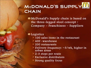 McDonald’s SUPPLY
CHAIN
 McDonald’s Supply chain is based on
 the three-legged stool concept :
 Company – Franchisees – Suppliers

 Logistics
   100 sales items in the restaurant
   400 -warehouse
   200 restaurants
   Delivery frequency: ~3/wk, higher in
    urban areas
   2-3 stops per route
   Exclusive distributors
   Strong quality focus
 