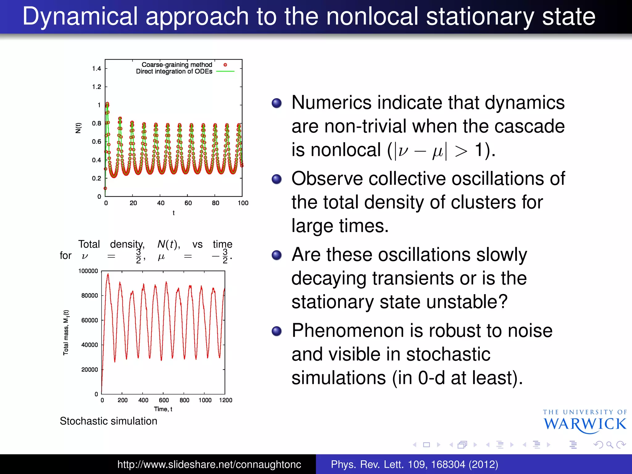 Dynamical approach to the nonlocal stationary state
Total density, N(t), vs time
for ν = 3
2
, µ = − 3
2
.
Stochastic simulation
Numerics indicate that dynamics
are non-trivial when the cascade
is nonlocal (|ν − µ| > 1).
Observe collective oscillations of
the total density of clusters for
large times.
Are these oscillations slowly
decaying transients or is the
stationary state unstable?
Phenomenon is robust to noise
and visible in stochastic
simulations (in 0-d at least).
http://www.slideshare.net/connaughtonc Phys. Rev. Lett. 109, 168304 (2012)
 