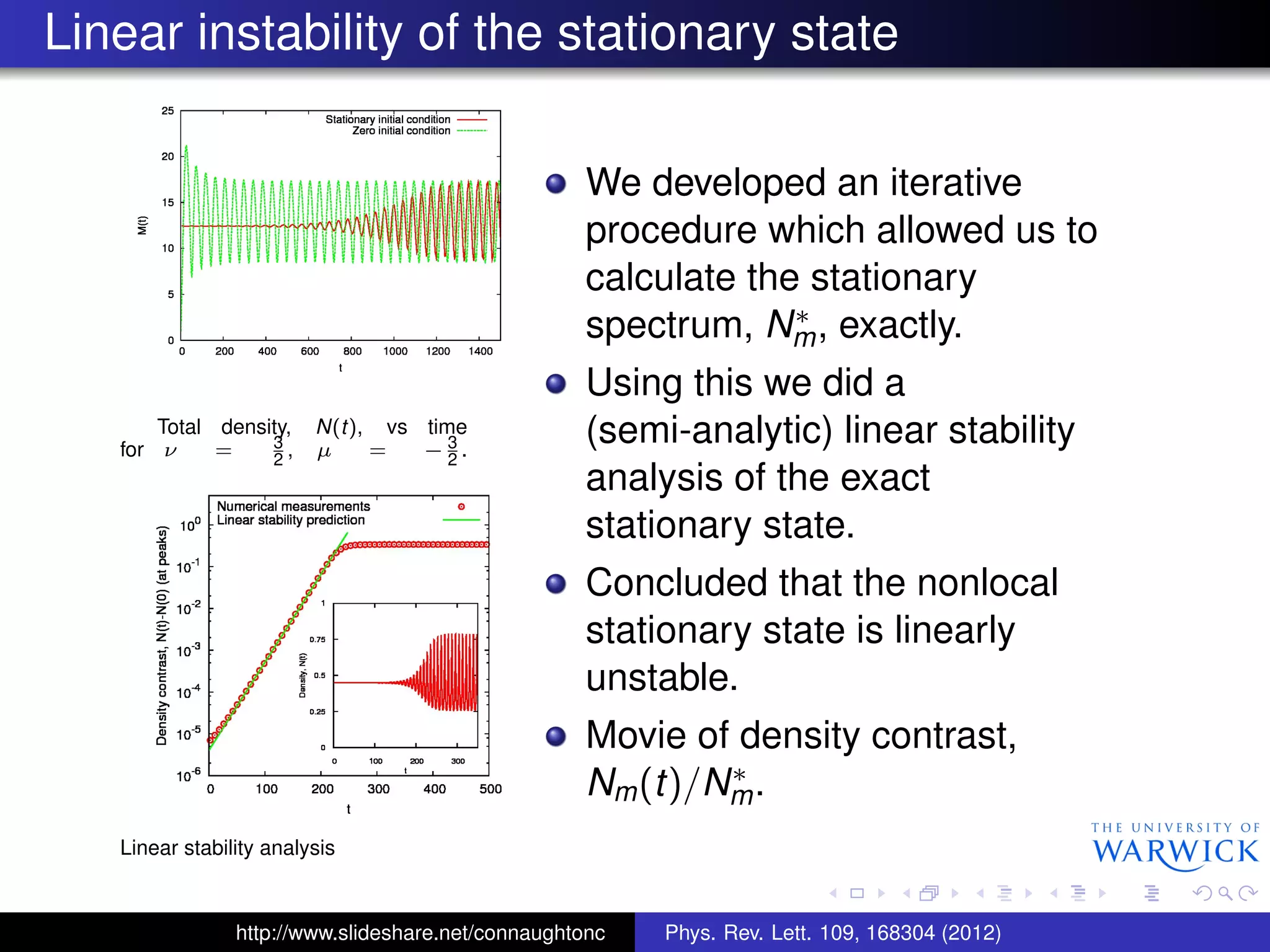 Linear instability of the stationary state
Total density, N(t), vs time
for ν = 3
2
, µ = − 3
2
.
Linear stability analysis
We developed an iterative
procedure which allowed us to
calculate the stationary
spectrum, N∗
m, exactly.
Using this we did a
(semi-analytic) linear stability
analysis of the exact
stationary state.
Concluded that the nonlocal
stationary state is linearly
unstable.
Movie of density contrast,
Nm(t)/N∗
m.
http://www.slideshare.net/connaughtonc Phys. Rev. Lett. 109, 168304 (2012)
 
