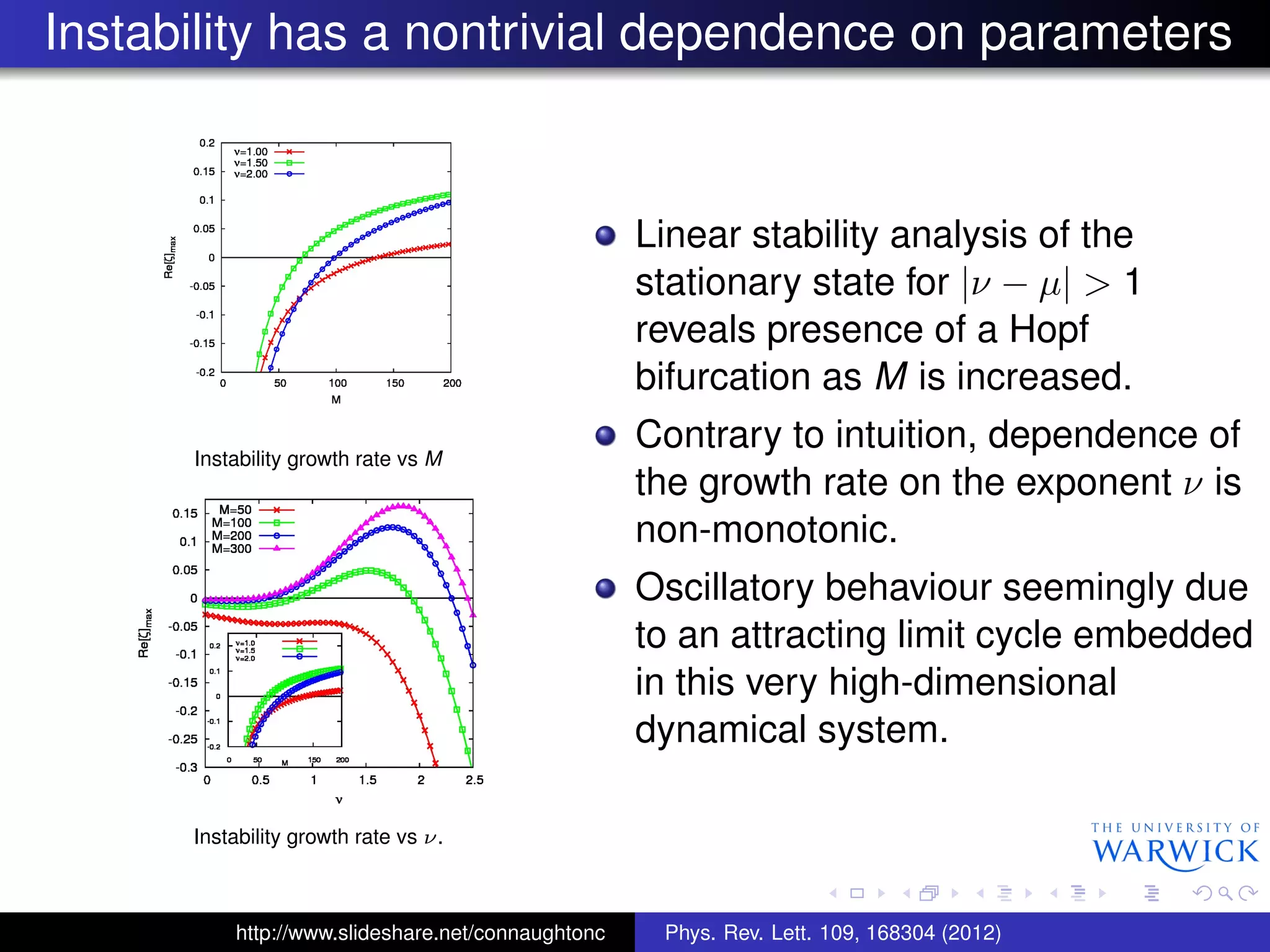 Instability has a nontrivial dependence on parameters
Instability growth rate vs M
Instability growth rate vs ν.
Linear stability analysis of the
stationary state for |ν − µ| > 1
reveals presence of a Hopf
bifurcation as M is increased.
Contrary to intuition, dependence of
the growth rate on the exponent ν is
non-monotonic.
Oscillatory behaviour seemingly due
to an attracting limit cycle embedded
in this very high-dimensional
dynamical system.
http://www.slideshare.net/connaughtonc Phys. Rev. Lett. 109, 168304 (2012)
 