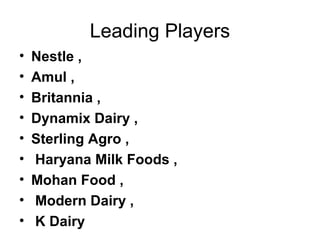 Leading Players
• Nestle ,
• Amul ,
• Britannia ,
• Dynamix Dairy ,
• Sterling Agro ,
• Haryana Milk Foods ,
• Mohan Food ,
• Modern Dairy ,
• K Dairy
 