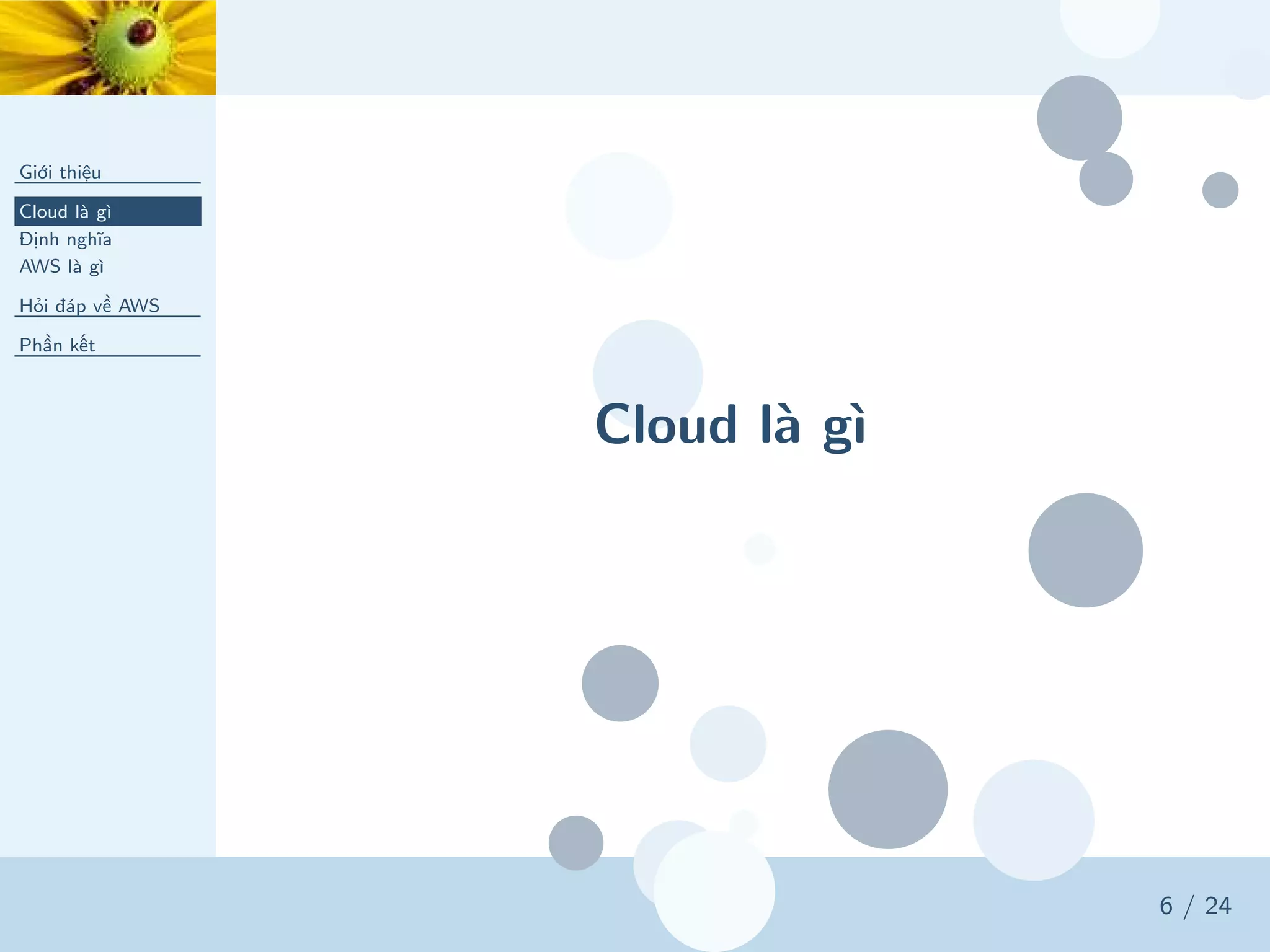 Cloud là gì
Giới thiệu
Cloud là gì
Định nghĩa
AWS là gì
Hỏi đáp về AWS
Phần kết
6 / 24
 