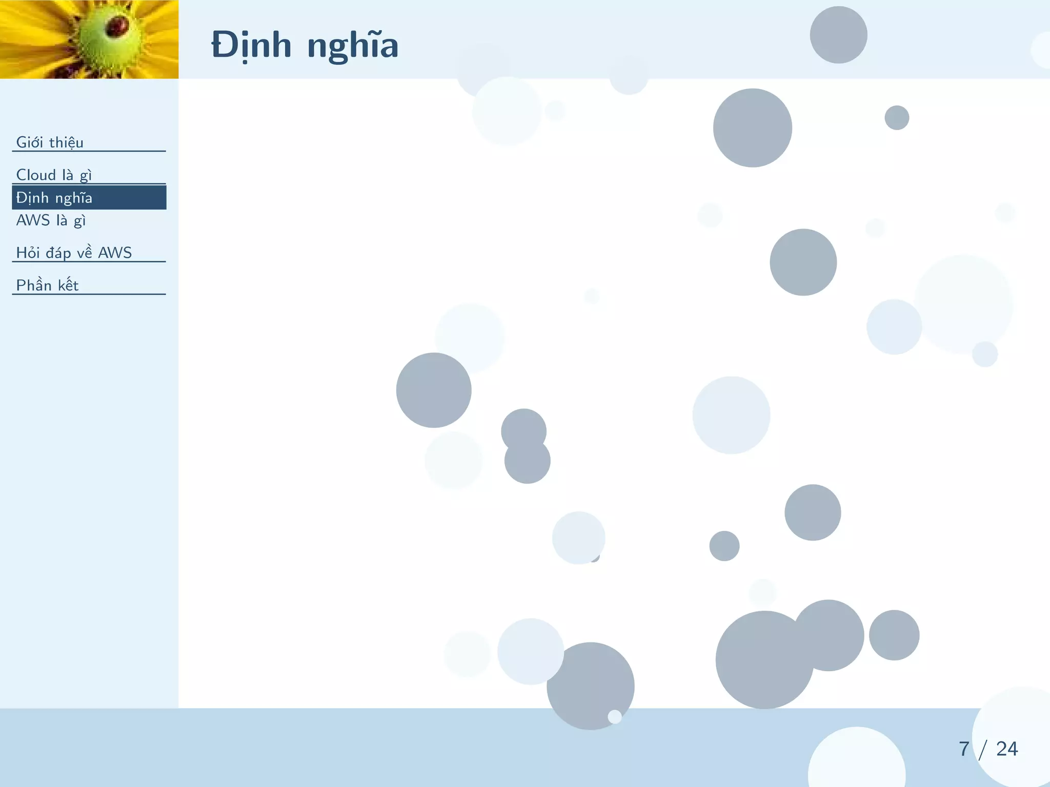Định nghĩa
Giới thiệu
Cloud là gì
Định nghĩa
AWS là gì
Hỏi đáp về AWS
Phần kết
7 / 24
 