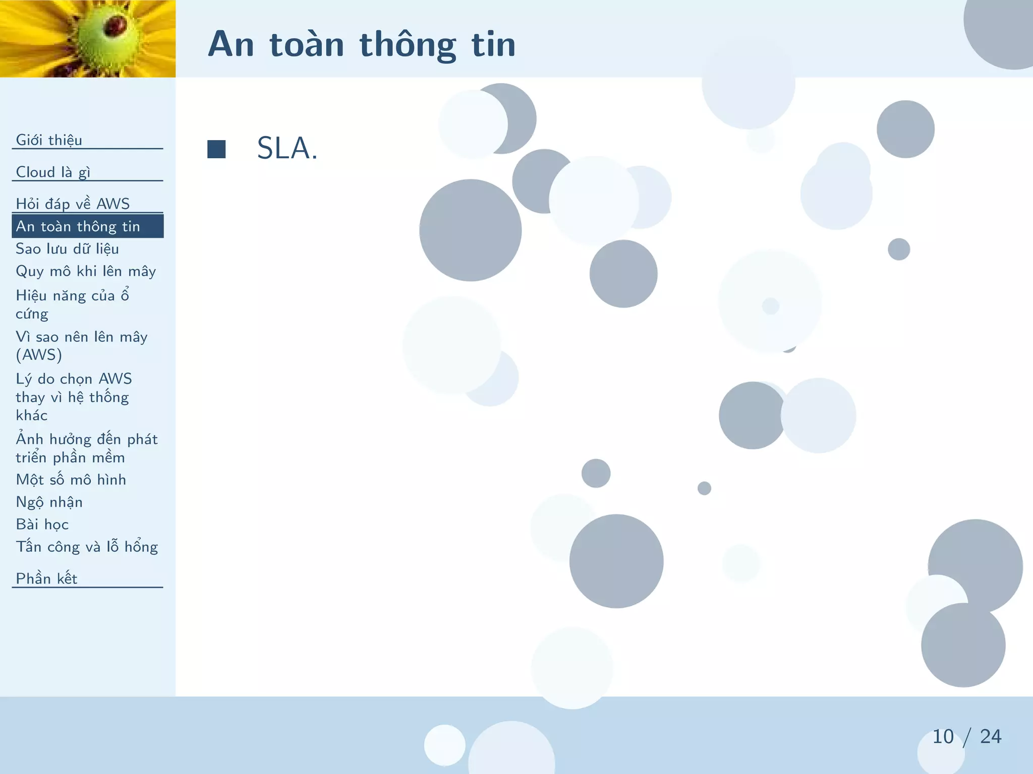 An toàn thông tin
Giới thiệu
Cloud là gì
Hỏi đáp về AWS
An toàn thông tin
Sao lưu dữ liệu
Quy mô khi lên mây
Hiệu năng của ổ
cứng
Vì sao nên lên mây
(AWS)
Lý do chọn AWS
thay vì hệ thống
khác
Ảnh hưởng đến phát
triển phần mềm
Một số mô hình
Ngộ nhận
Bài học
Tấn công và lỗ hổng
Phần kết
10 / 24
■ SLA.
 