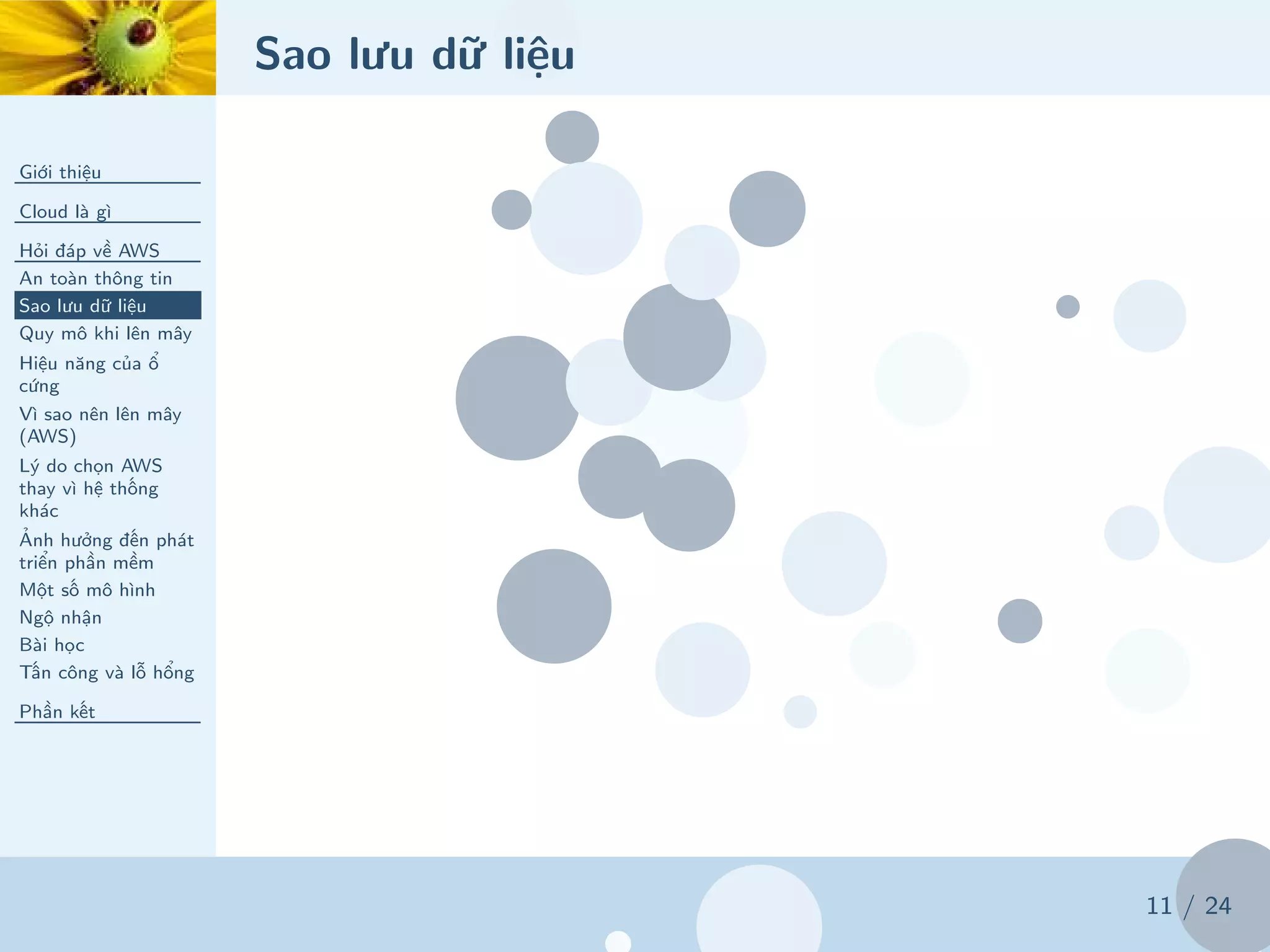 Sao lưu dữ liệu
Giới thiệu
Cloud là gì
Hỏi đáp về AWS
An toàn thông tin
Sao lưu dữ liệu
Quy mô khi lên mây
Hiệu năng của ổ
cứng
Vì sao nên lên mây
(AWS)
Lý do chọn AWS
thay vì hệ thống
khác
Ảnh hưởng đến phát
triển phần mềm
Một số mô hình
Ngộ nhận
Bài học
Tấn công và lỗ hổng
Phần kết
11 / 24
 