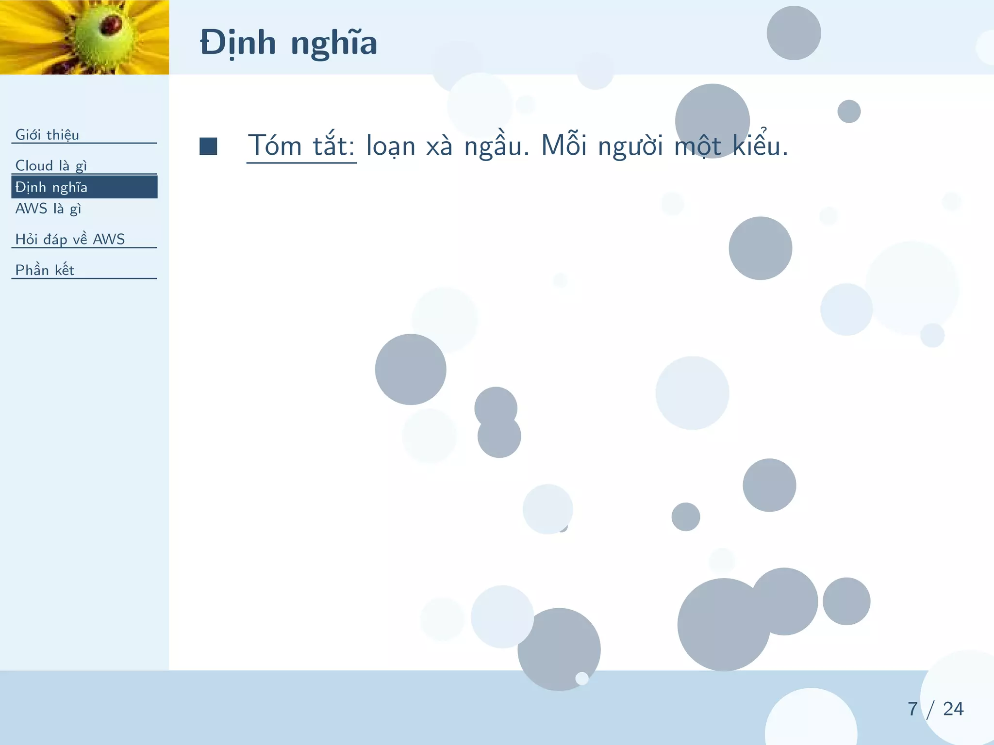 Định nghĩa
Giới thiệu
Cloud là gì
Định nghĩa
AWS là gì
Hỏi đáp về AWS
Phần kết
7 / 24
■ Tóm tắt: loạn xà ngầu. Mỗi người một kiểu.
 