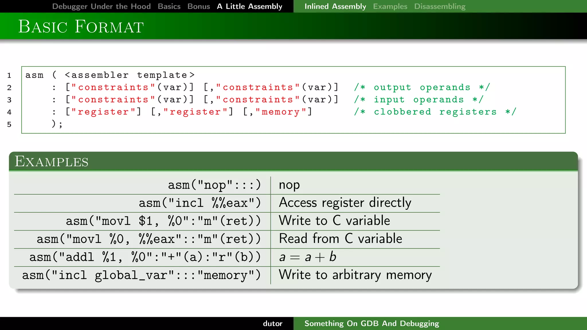 Debugger Under the Hood Basics Bonus A Little Assembly

Inlined Assembly Examples Disassembling

Basic Format
1
2
3
4
5

asm ( < assembler template >
: [ " constraints " ( var ) ] [ , " constraints " ( var ) ]
: [ " constraints " ( var ) ] [ , " constraints " ( var ) ]
: [ " register " ] [ , " register " ] [ , " memory " ]
);

/* output operands */
/* input operands */
/* clobbered registers */

Examples
asm("nop":::)
asm("incl %%eax")
asm("movl $1, %0":"m"(ret))
asm("movl %0, %%eax"::"m"(ret))
asm("addl %1, %0":"+"(a):"r"(b))
asm("incl global_var":::"memory")

nop
Access register directly
Write to C variable
Read from C variable
a =a+b
Write to arbitrary memory

dutor

Something On GDB And Debugging

 