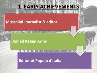 1. EARLY ACHIEVEMENTS
Mussolini Journalist & editor
Joined Italian Army
Editor of Popolo d’Italia
 