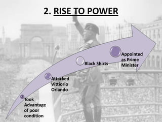2. RISE TO POWER
Took
Advantage
of poor
condition
Attacked
Vittiorio
Orlando
Black Shirts
Appointed
as Prime
Minister
 