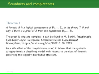 Soundness and completeness
Theorem 1
A formula A is a logical consequence of B1,...,Bn in the theory T if and
only if ther...