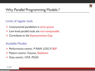 Why Parallel Programming Models ? 
Limits of regular tools 
 Unstructured parallelism is error-prone 
 Low level parallel tools are non-composable 
 Contribute to the Expressiveness Gap 
Available Models 
 Performance centric: P-RAM, LOG-P, BSP 
 Pattern centric: Futures, Skeletons 
 Data centric: HTA, PGAS 
6 of 41 
 